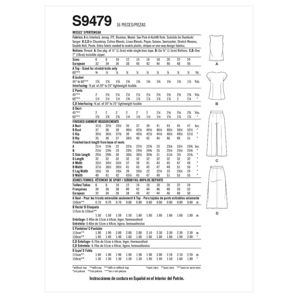 Simplicity S9479 R11325 Sewing Pattern Top Pants Skirt Sportswear‎ Size 16-24